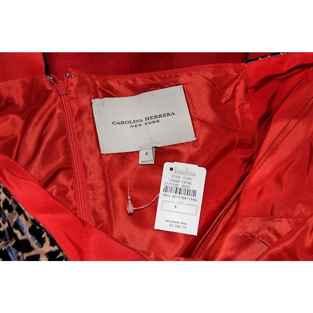 $2640 New CAROLINA HERRERA Red Silk Taffeta Leopard Cocktail Dress 8 - Picture 7 of 7